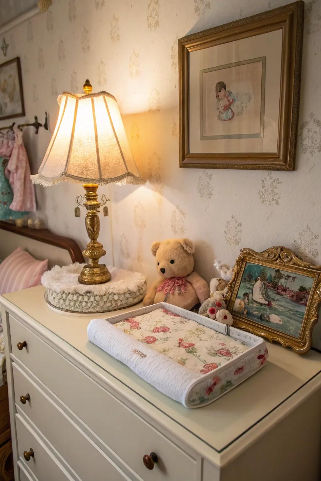 Old items add charm and character to the baby room decor.