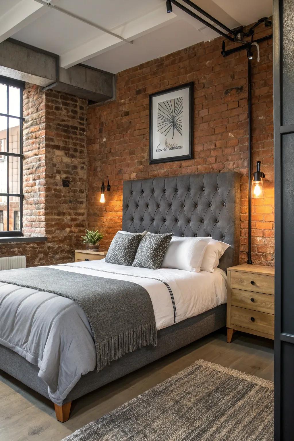 Industrial elements complement the edgy look of a charcoal grey headboard.