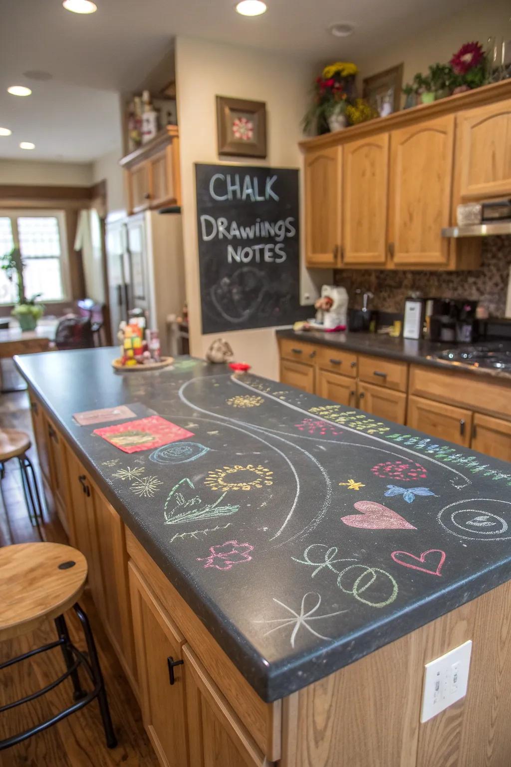 Fun kitchen with slateboard painted countertops.