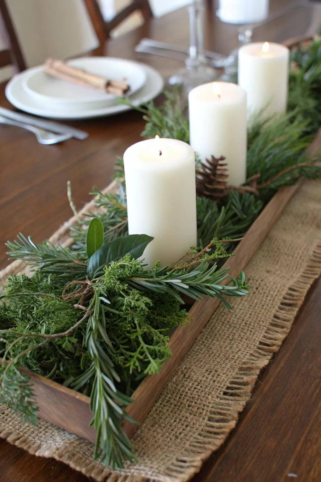 Herbaceous greenery introduces simplicity and aroma to your Christmas table.
