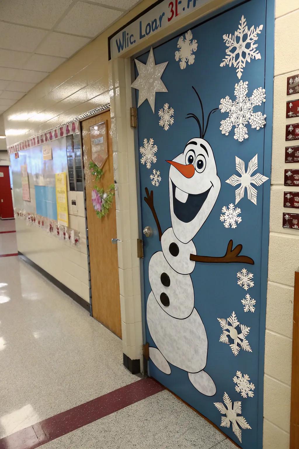 Jack Frost from Frozen shares heartfelt hugs upon this entryway.