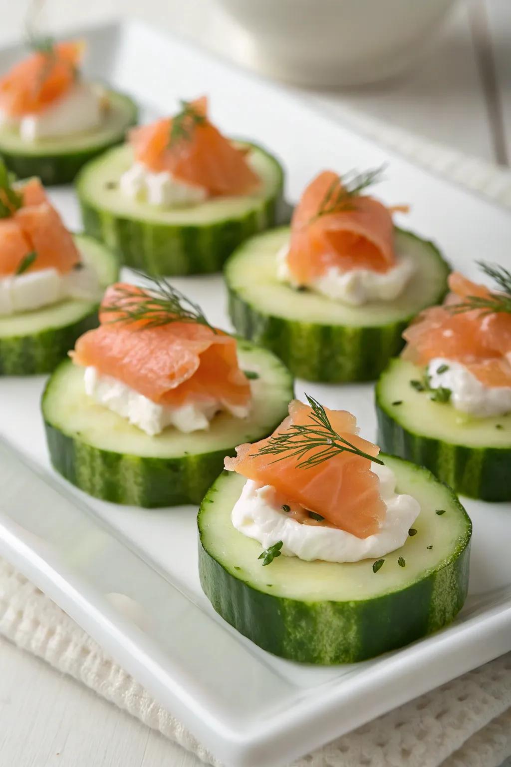 Cucumber and cured salmon bites deliver a refreshing balance.