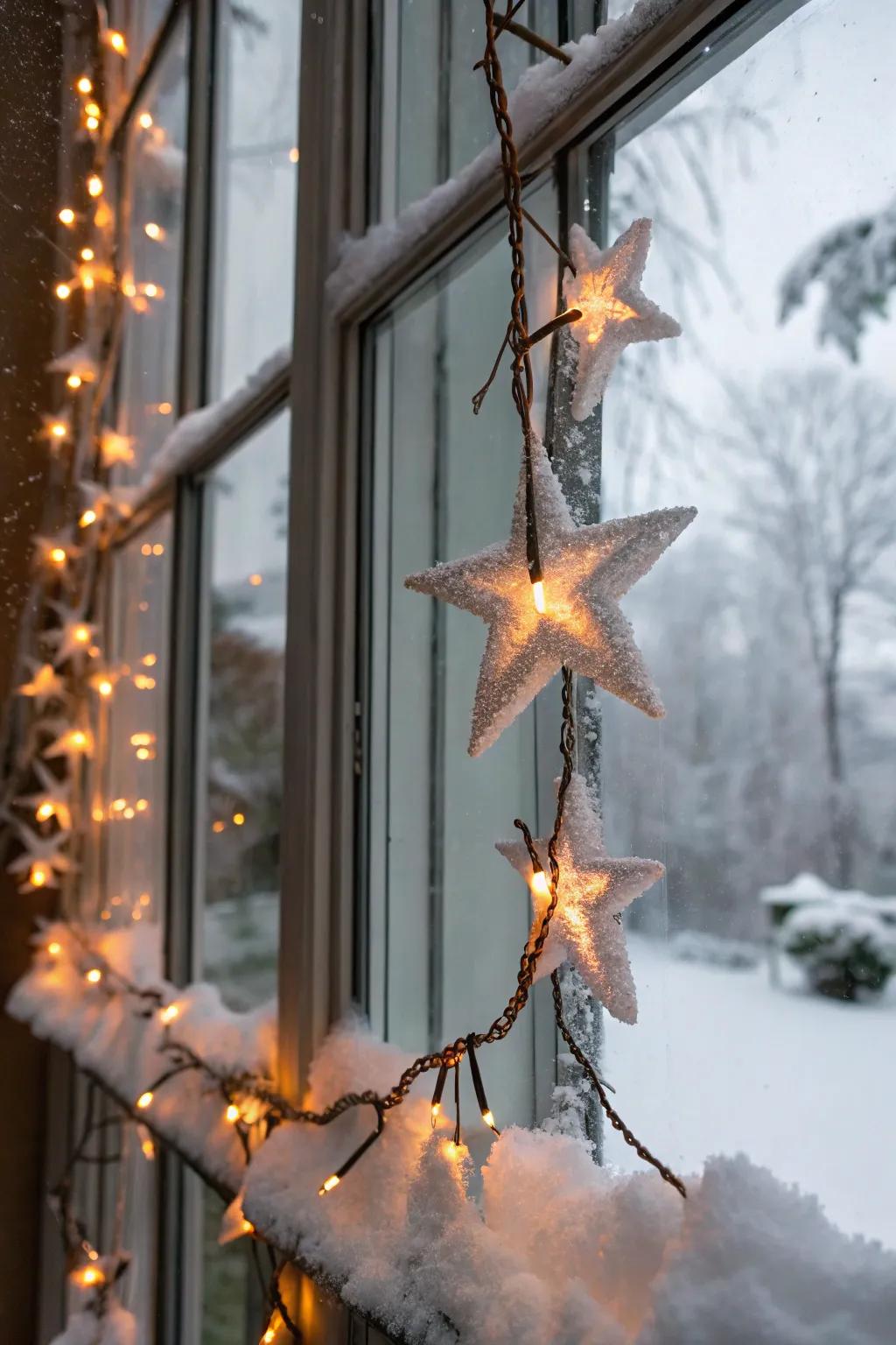 A snowy star garland transports the evening sky into your home.