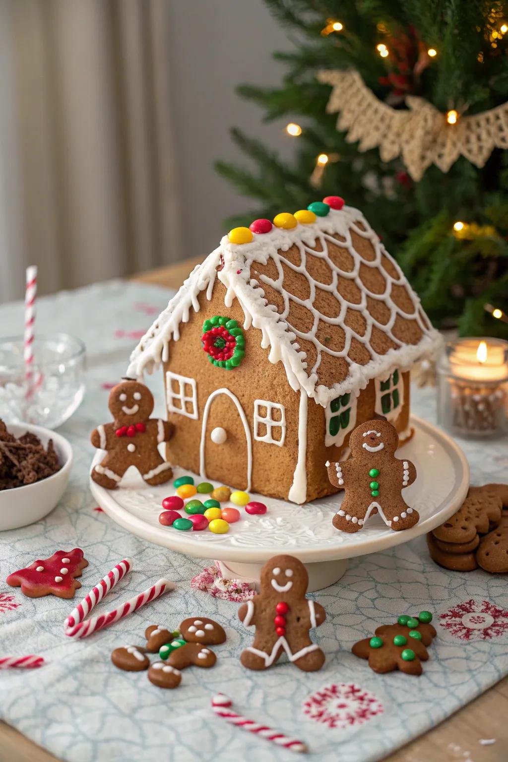 Charming gingerbread house focal point.