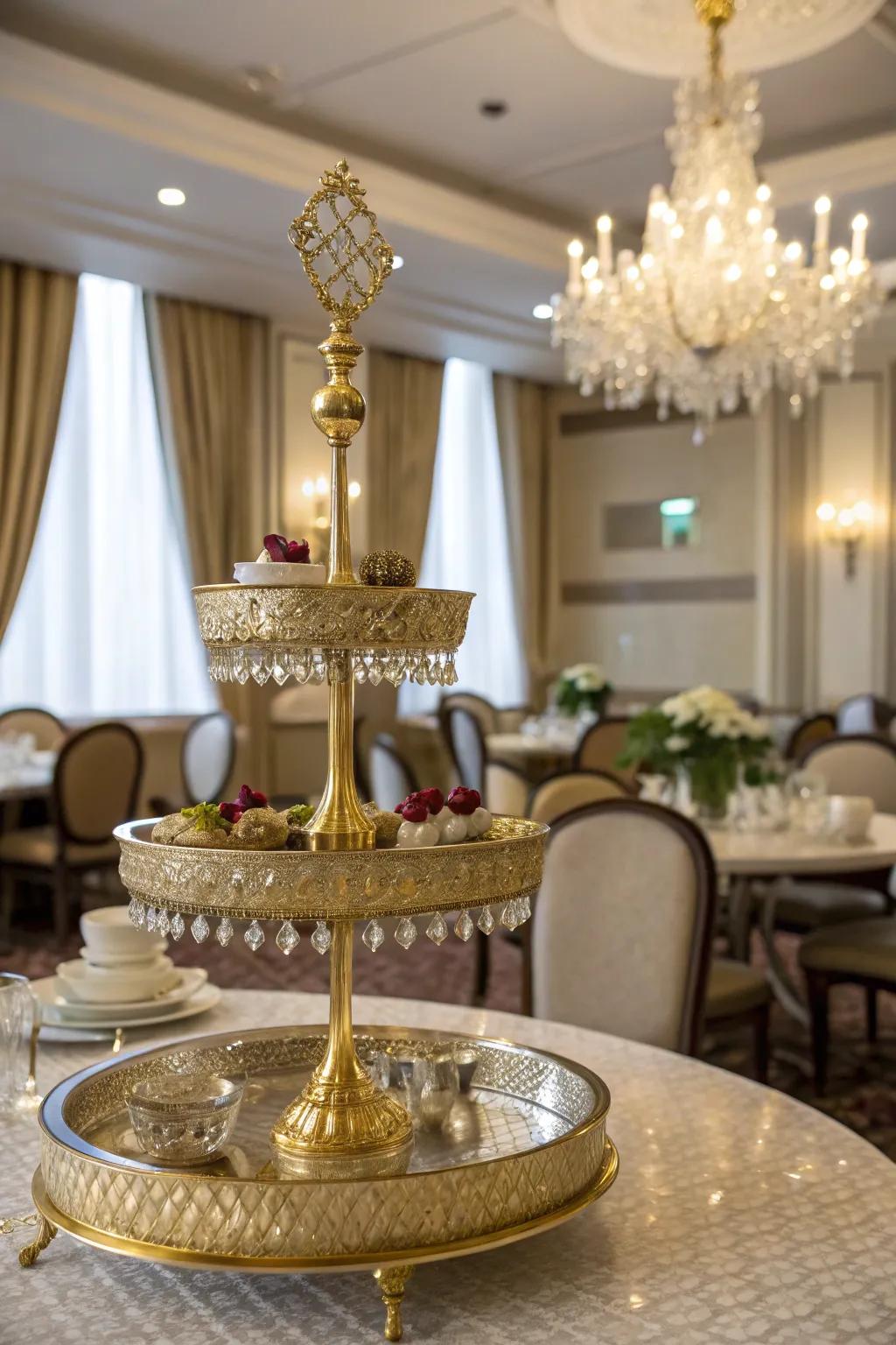 Glamorous gilded accents bring luxury to this multi-level display.