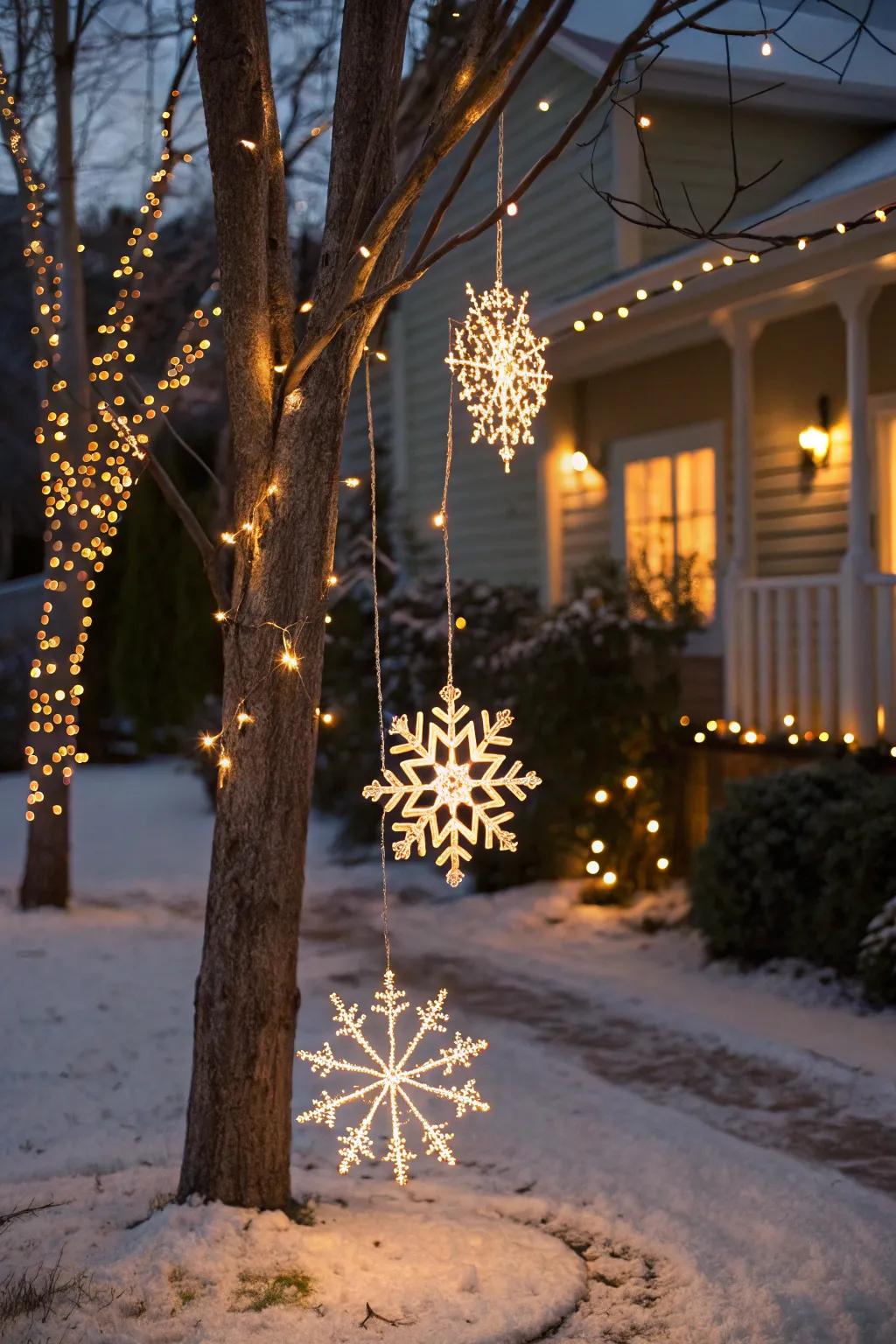 Lighted snowflake decorations hanging gracefully from trees.