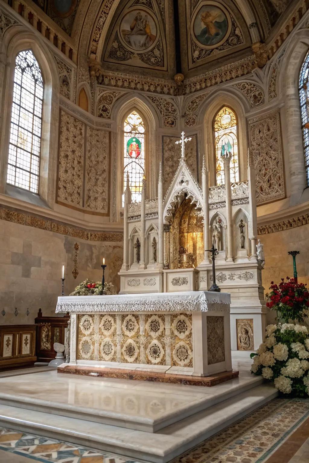 An altar adorned with complex stone details, adding timeless elegance.