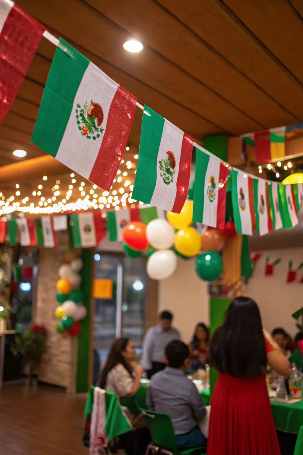 A handcrafted Mexican flag decoration introduces cultural flair to the decor.