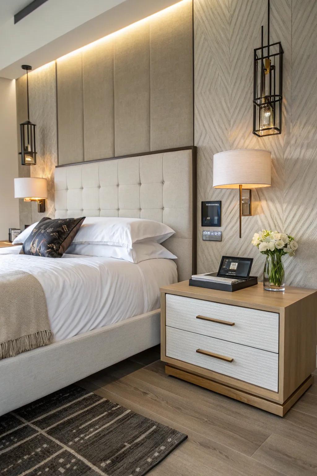 Floating nightstands offer style and functionality.