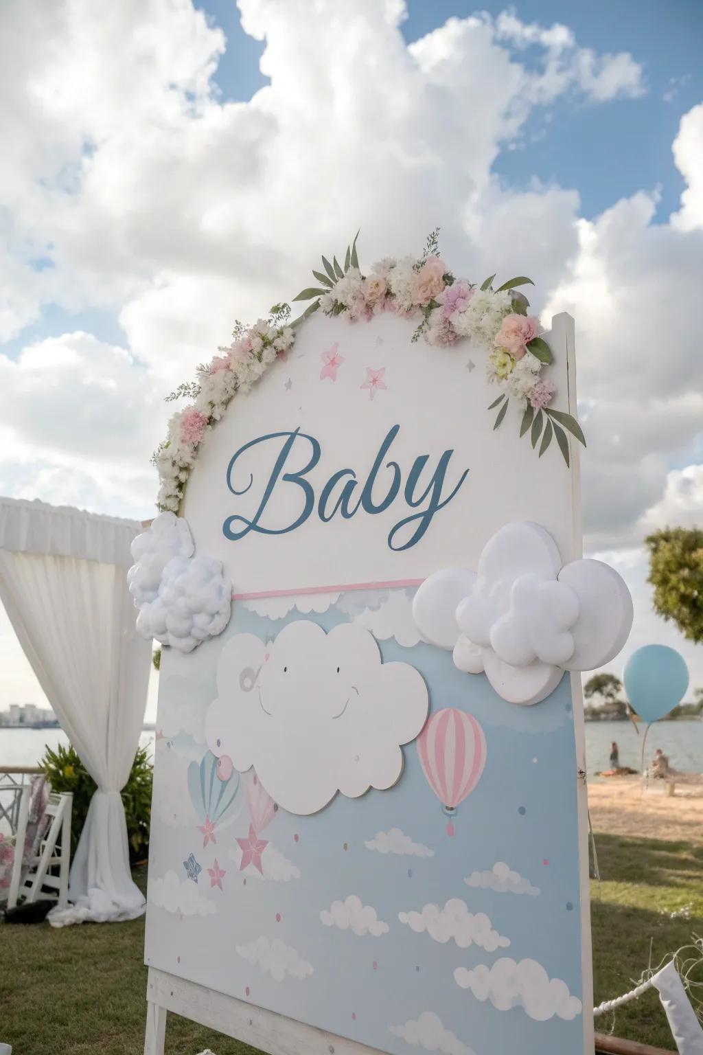 Bespoke cumulus plagues contribute a meaningful element to the baby shower decorations.