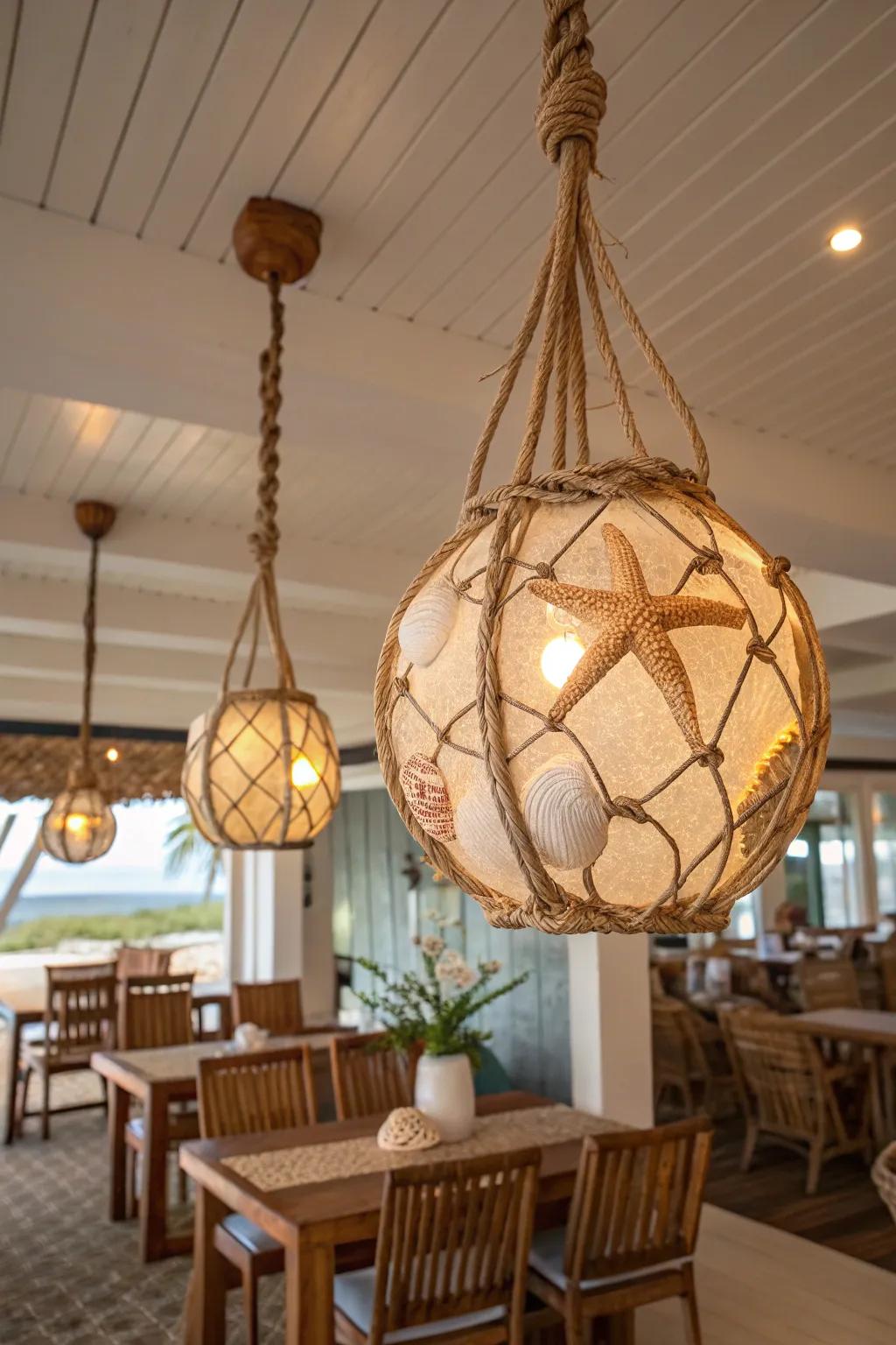 Coastal lighting enhancing the room's beachy ambiance.