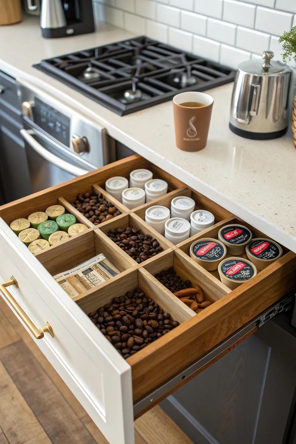 DIY separators allow for a customizable coffee drawer layout.