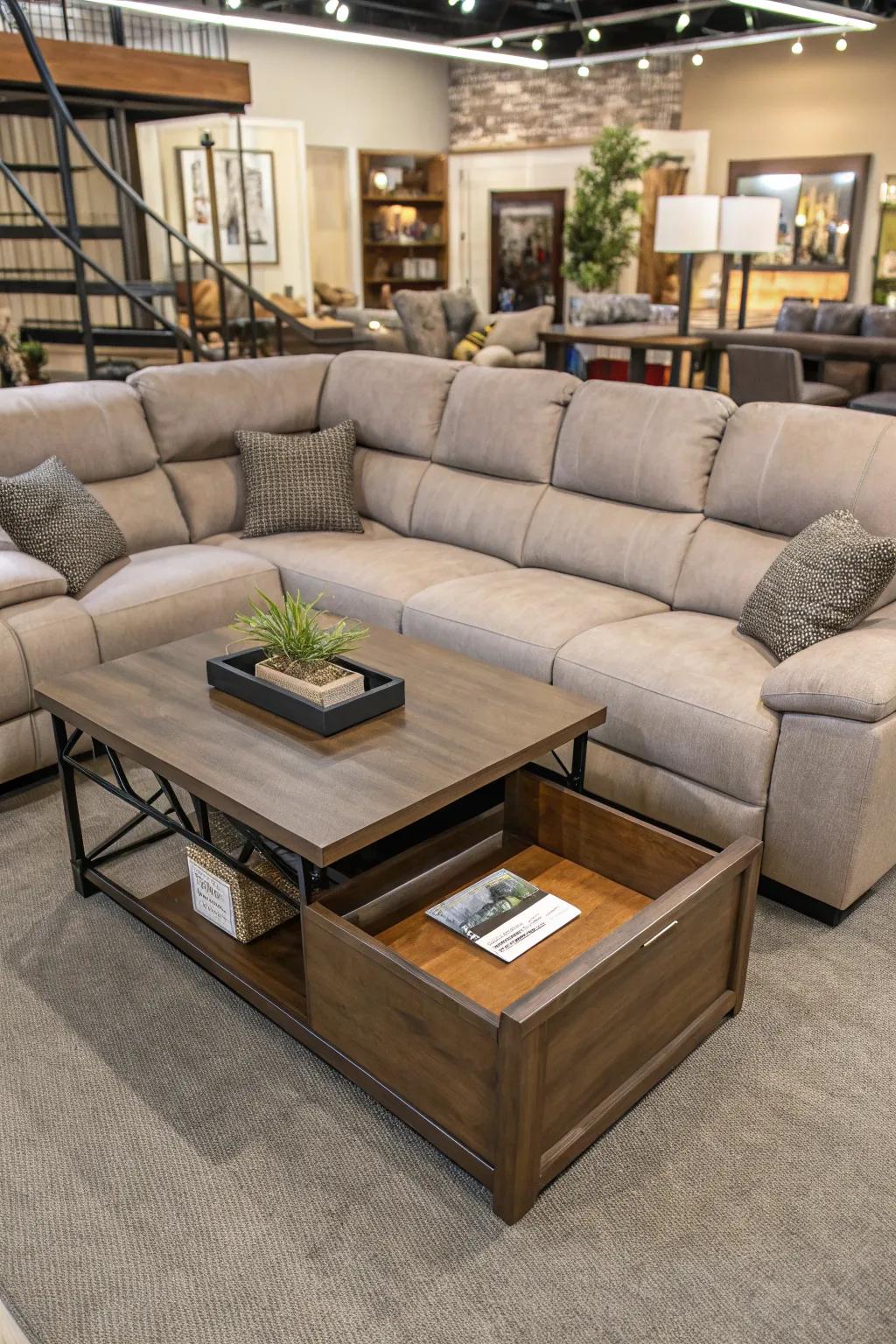 A lift-up coffee table blends storage and style seamlessly.