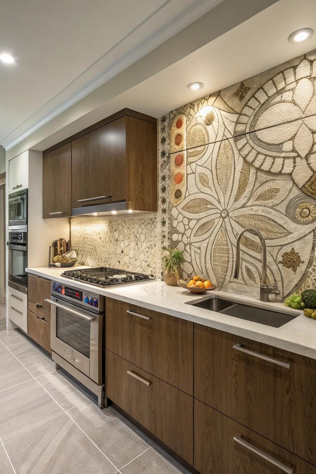 An artistic wall adds a bold statement to your kitchen.