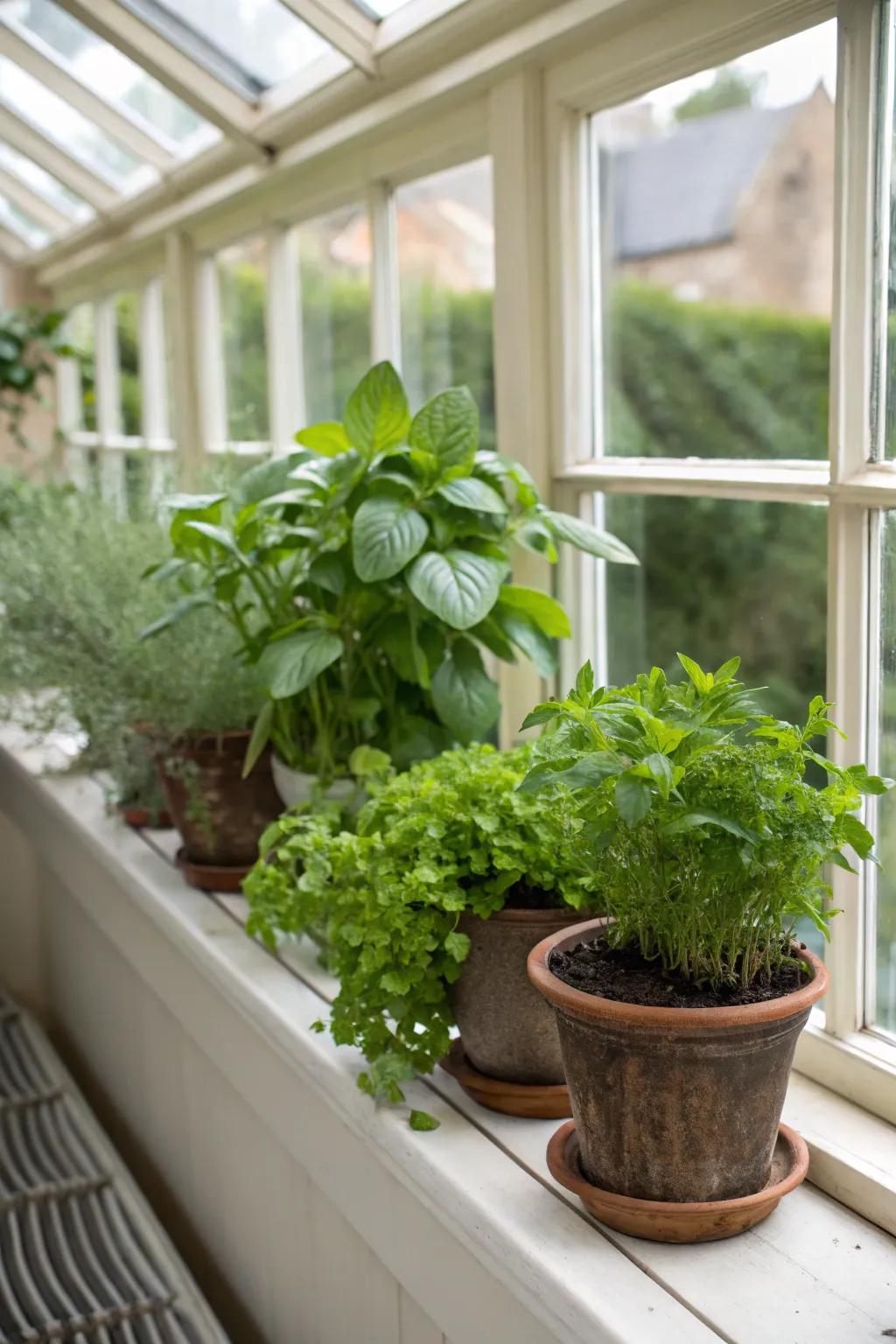 A mini spice patch prospering within a sunroom.
