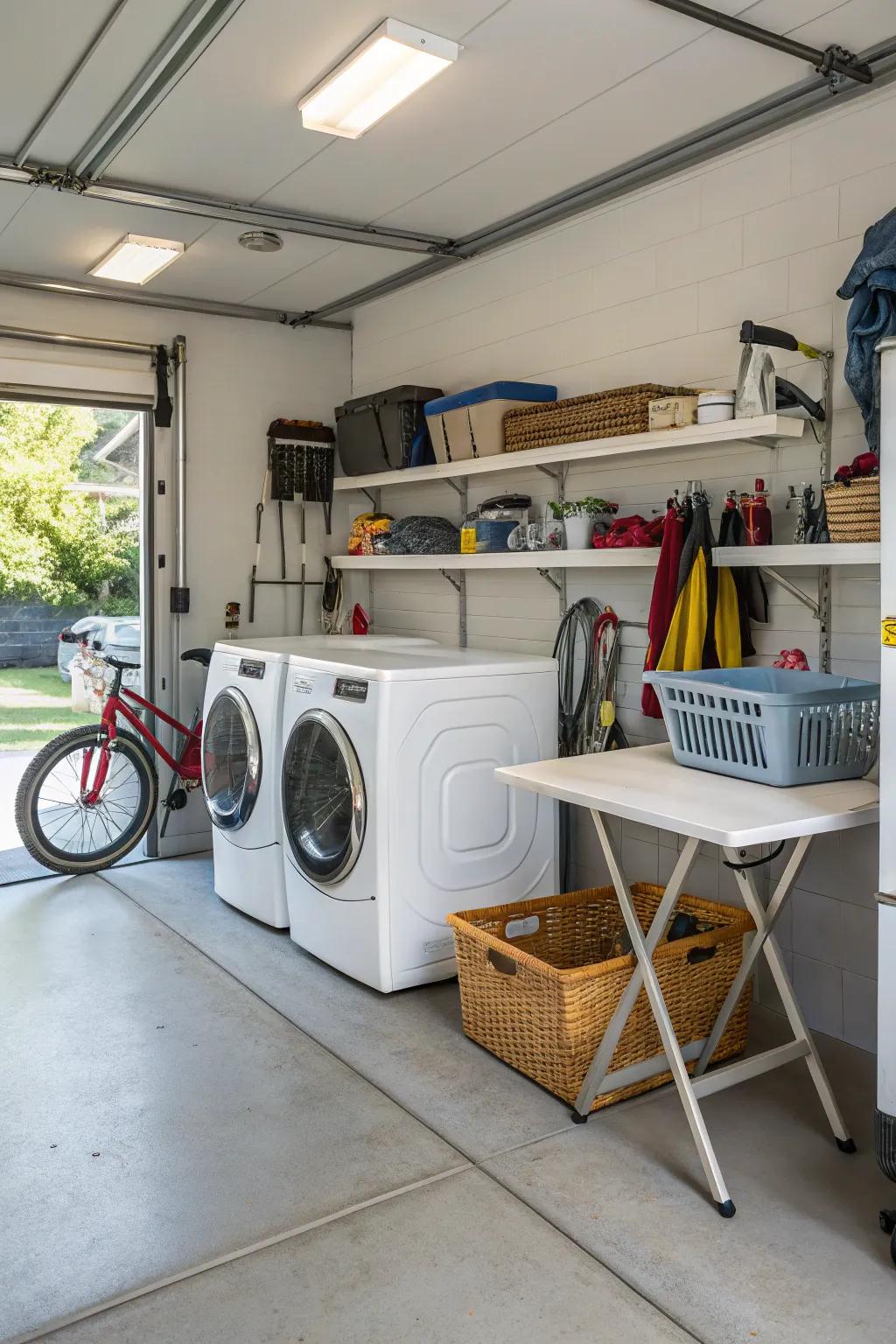 A utility area with laundry facilities adds practicality to the garage.
