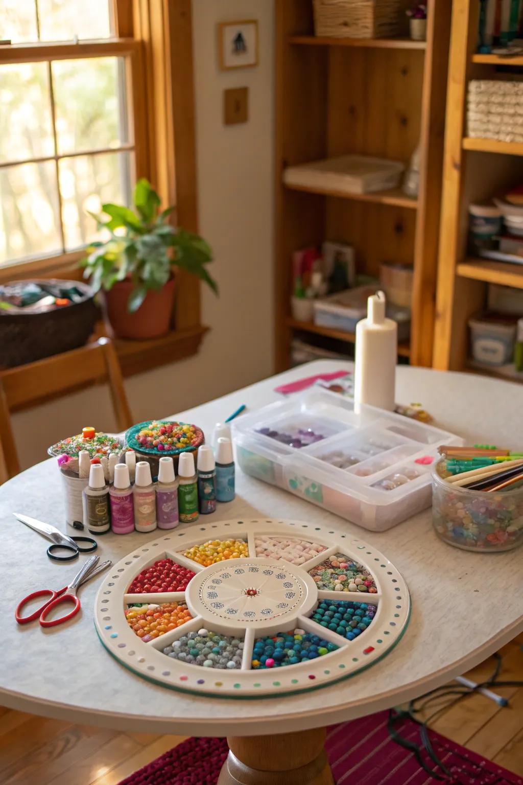 Rotating trays offer simple access to a variety of small items.