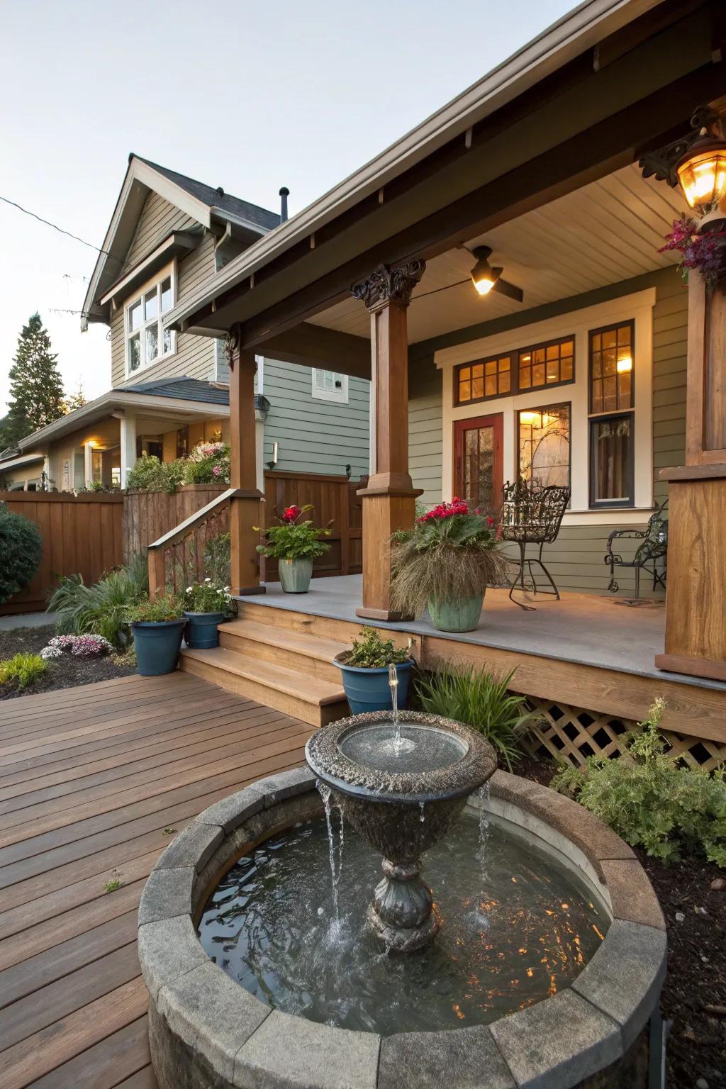 A water accent brings a tranquil vibe to the patio.