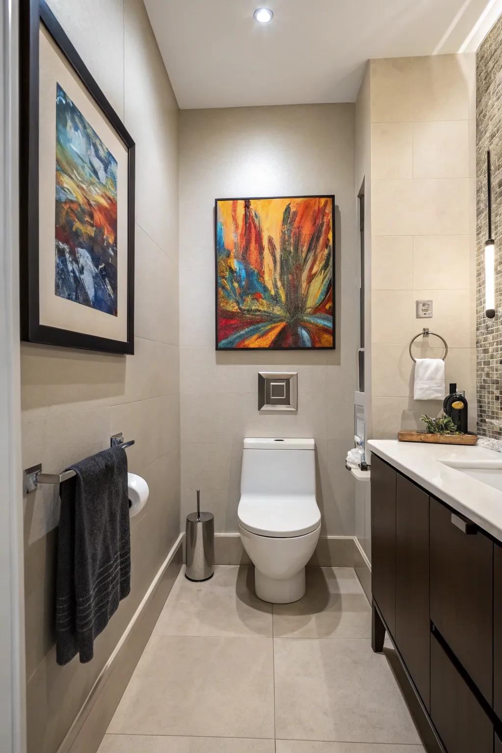 A bathroom featuring surprising art pieces that amuse and delight.
