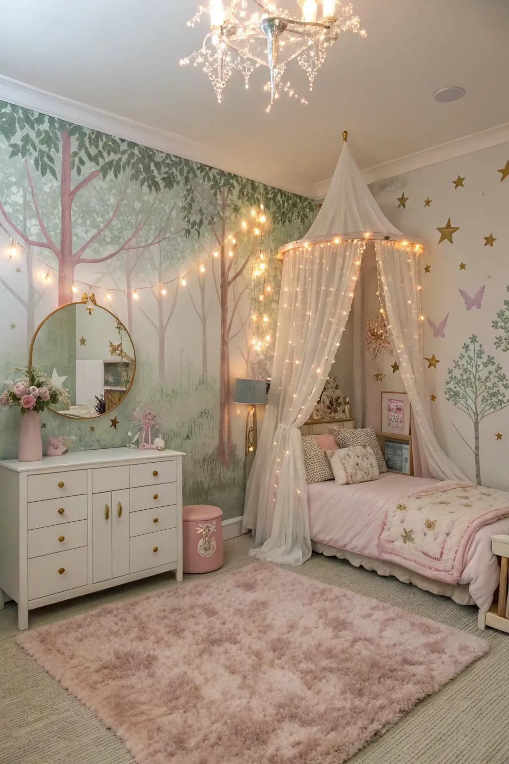 A fairytale-inspired bedroom showcasing enchanting features.