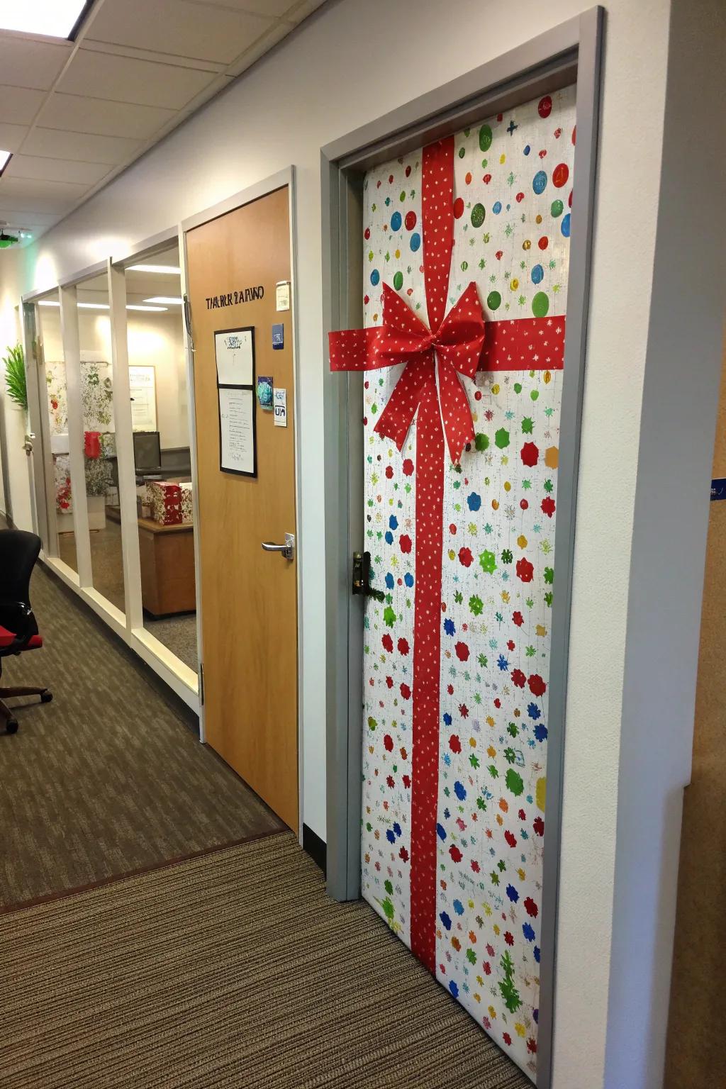 Transform office portals into mammoth gifts for a delightful celebratory impression.