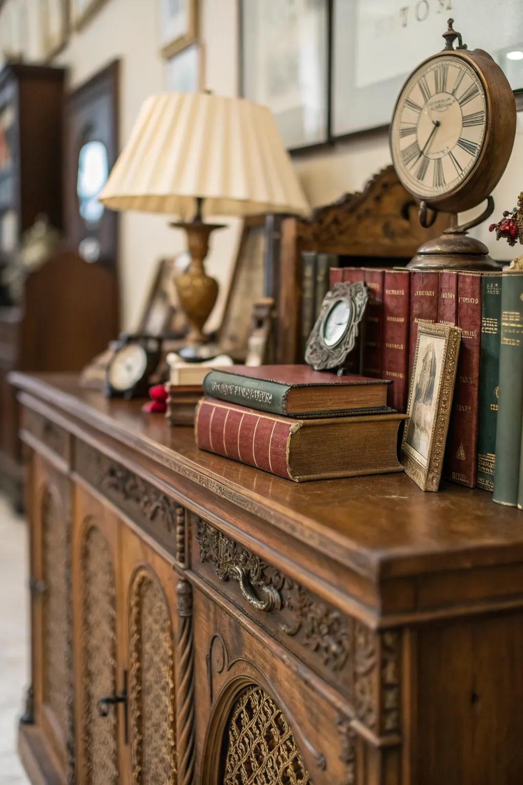 A display cabinet with charming vintage decor.