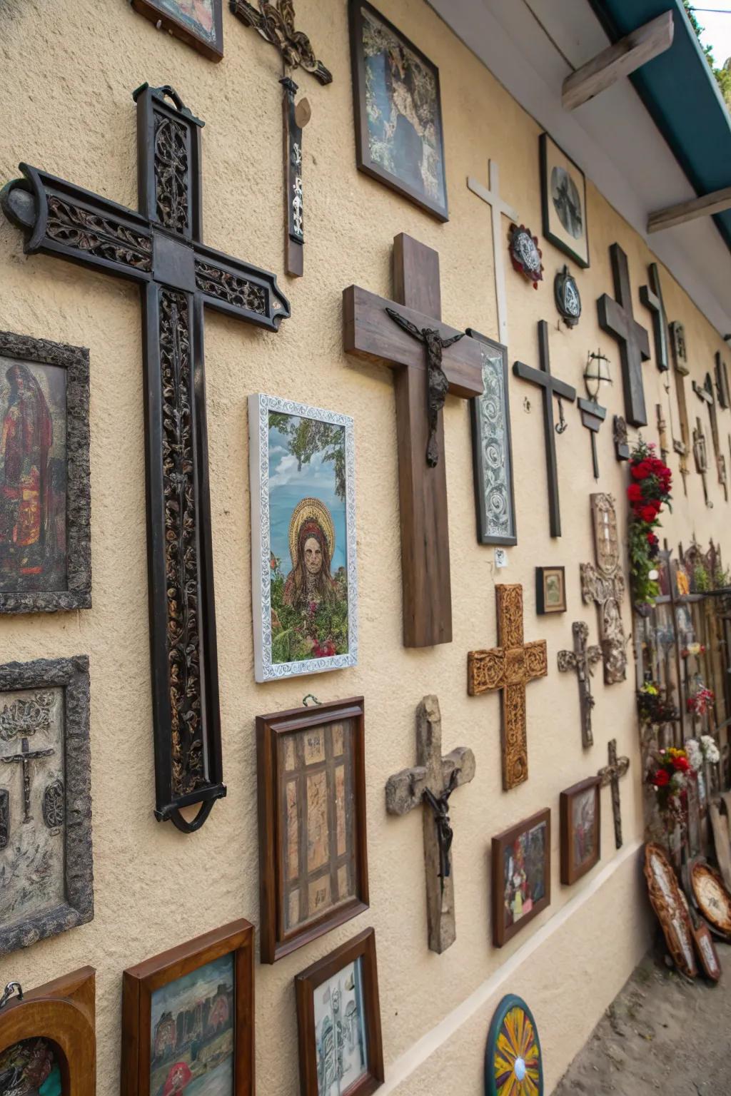 Artful layering of crucifixes with additional decor pieces.