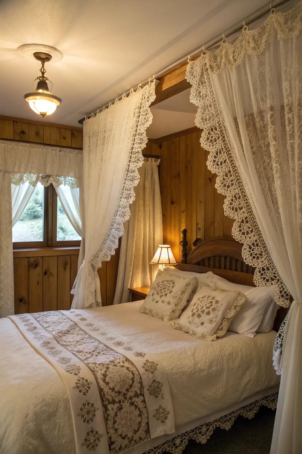 Romantic bedroom drapes with classic delicate accents.