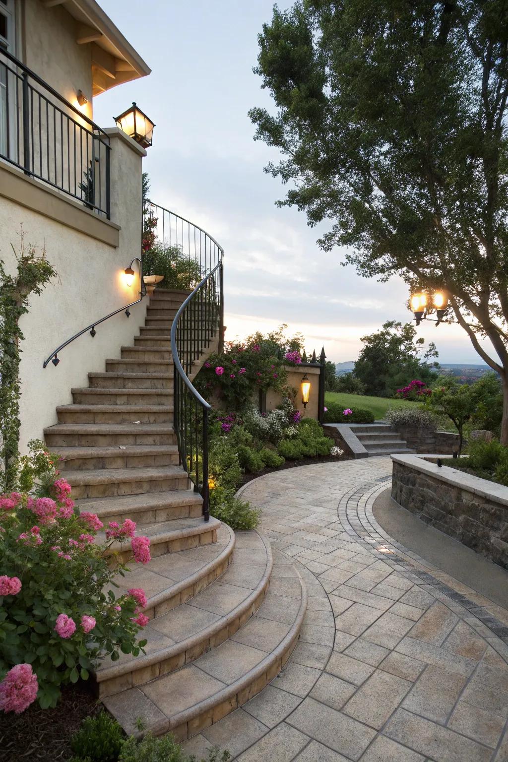 A striking patio entrance featuring a beautifully arched staircase.