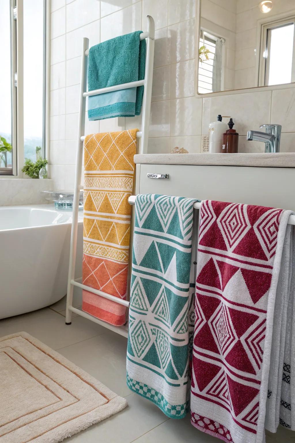 Artistic towels enhance your restroom decor with texture and color.