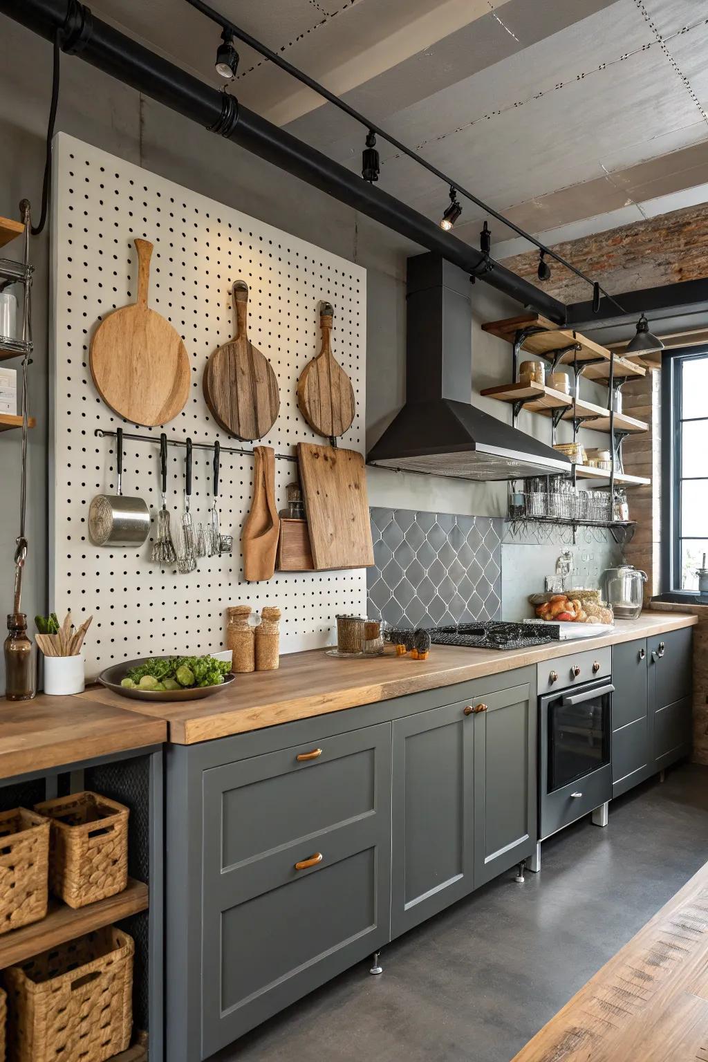 Pegboard system displaying chopping surfaces creatively.