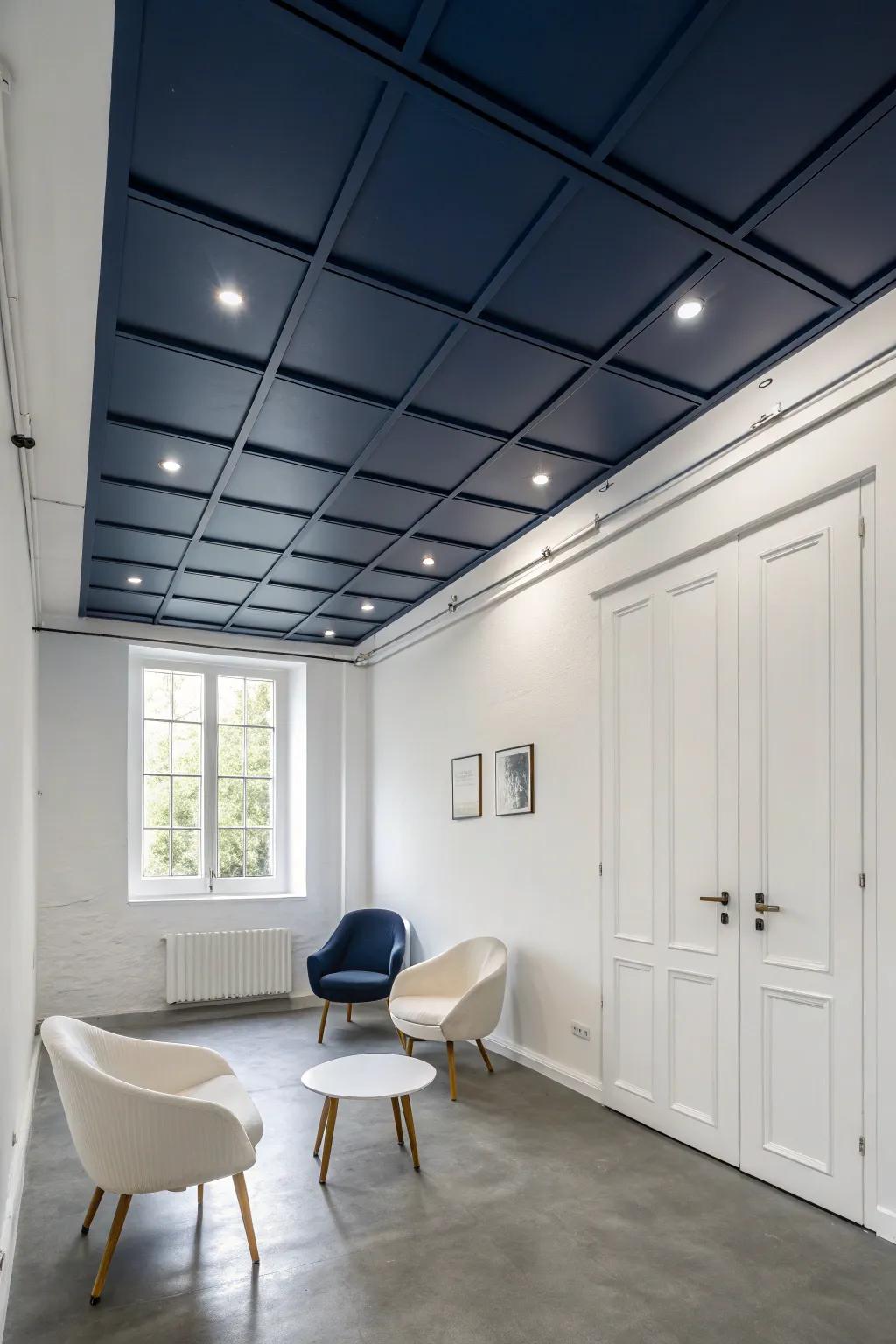 Modern simplicity enhanced by a navy overhead.