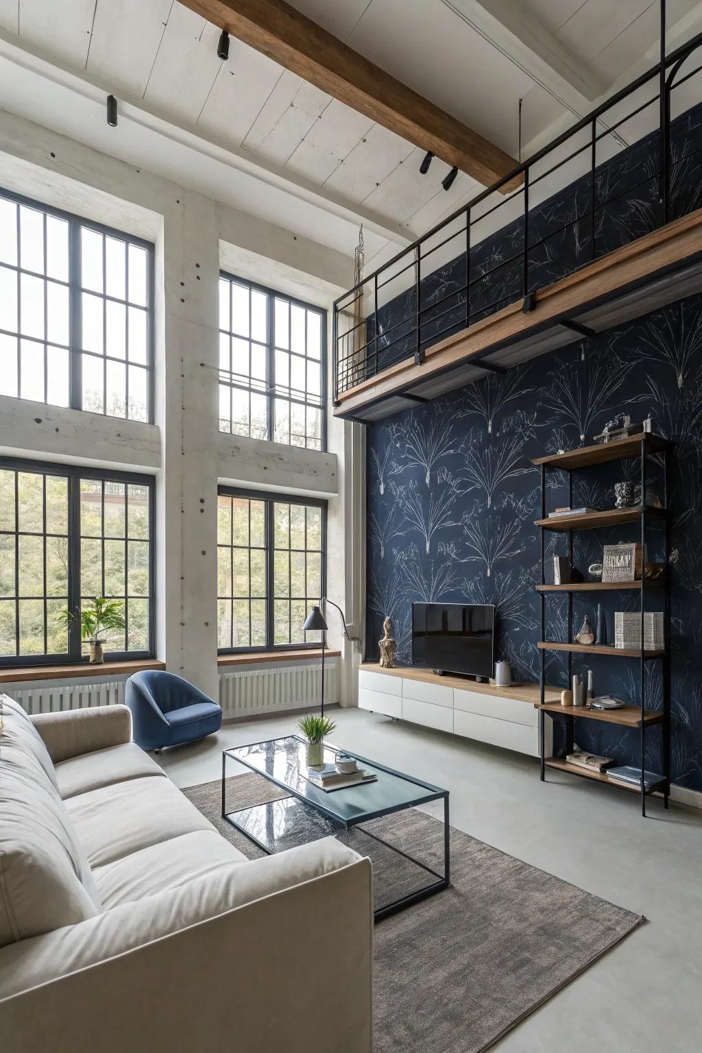 Industrial-style navy wallpaper adds a modern touch.