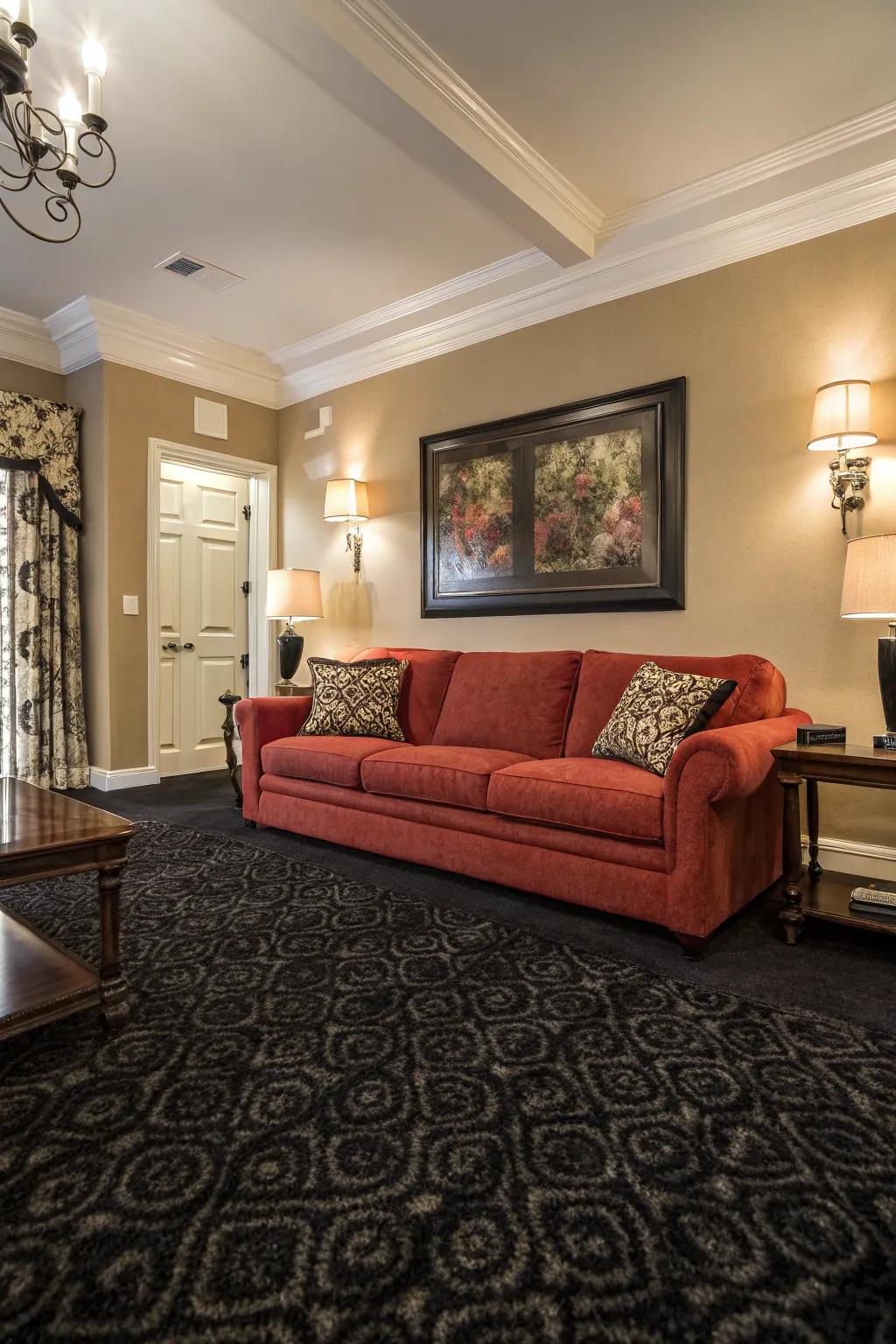 A statement piece adds focus to a dark-toned carpeted room.