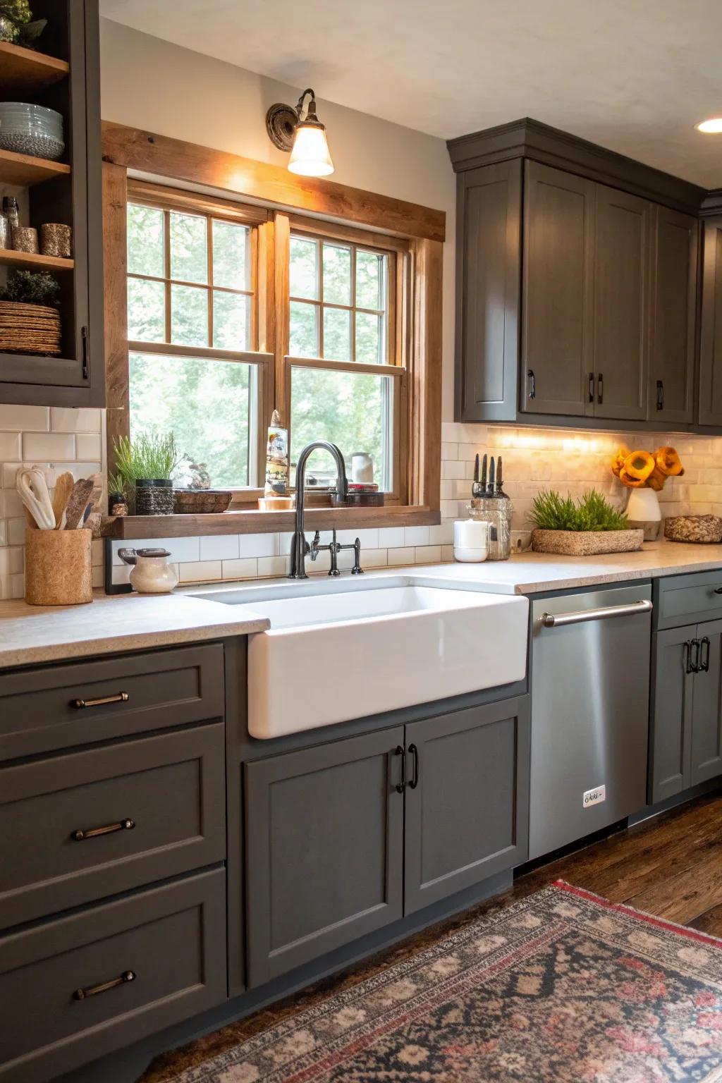 Farmhouse sink adding rural appeal to the cutting edge kitchen.