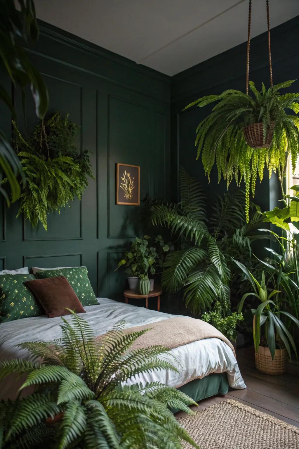 A shaded-green bedroom infused with lush flora such as for example ferns and palms.