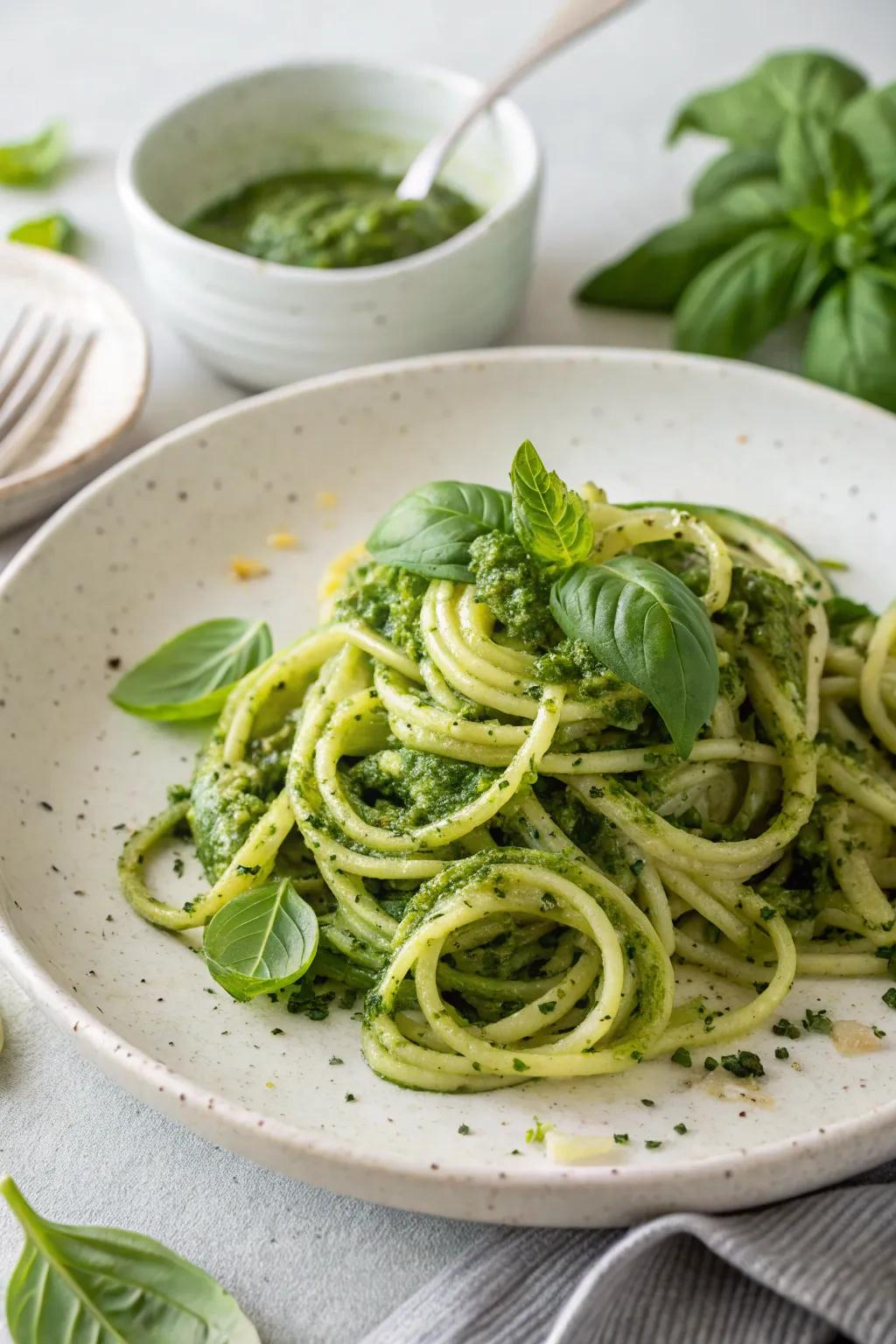Refreshing zucchini noodles with pesto.