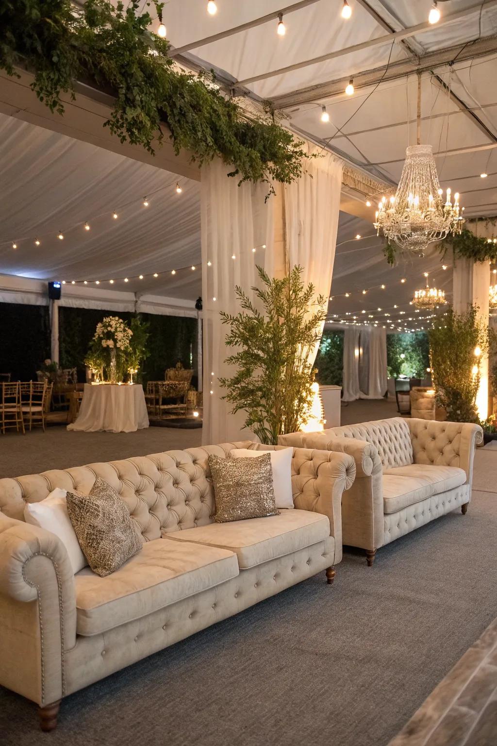 Stylish lounge spaces providing cozy relaxation spots at a wedding.