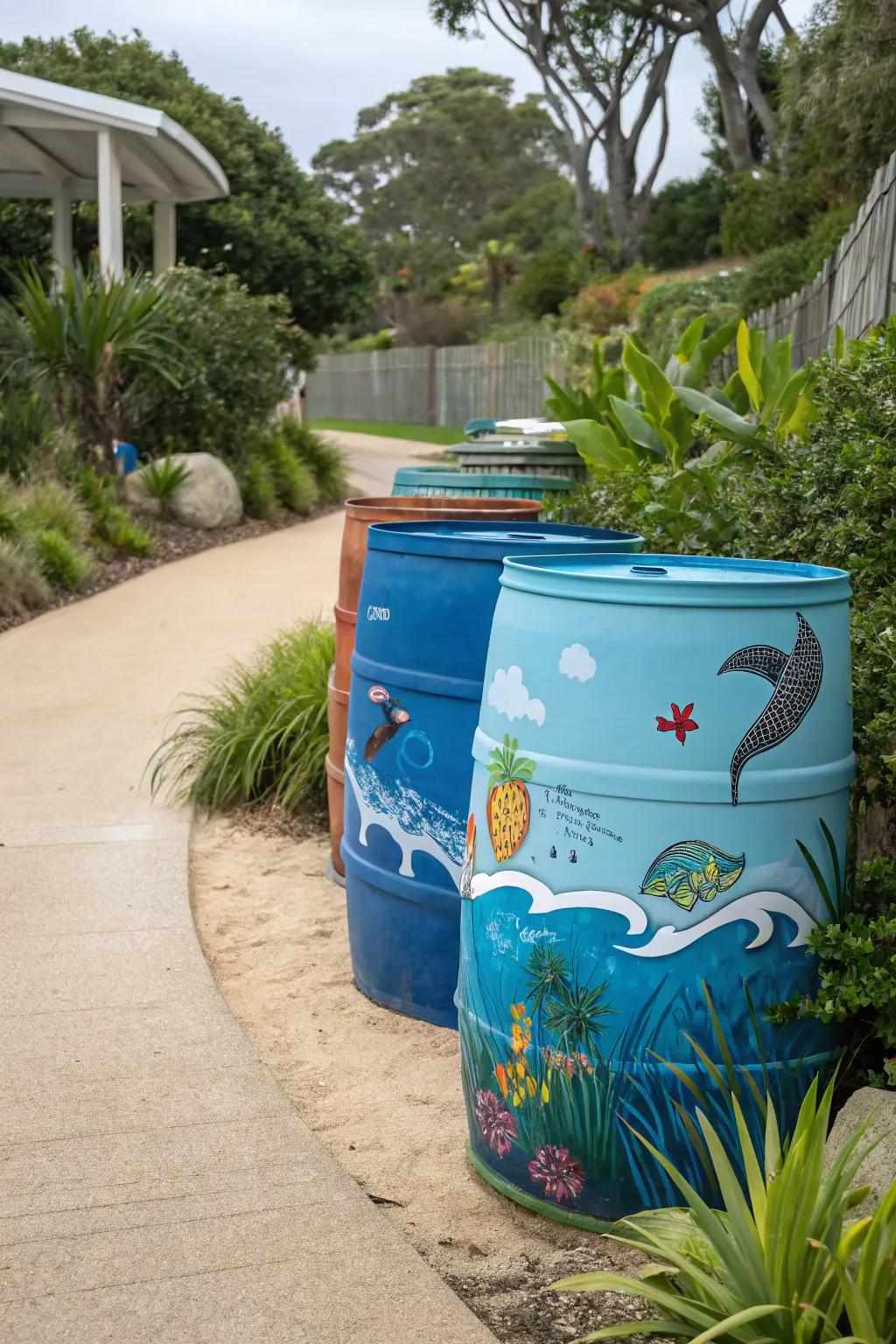 Barrels painted with oceanic-themed designs