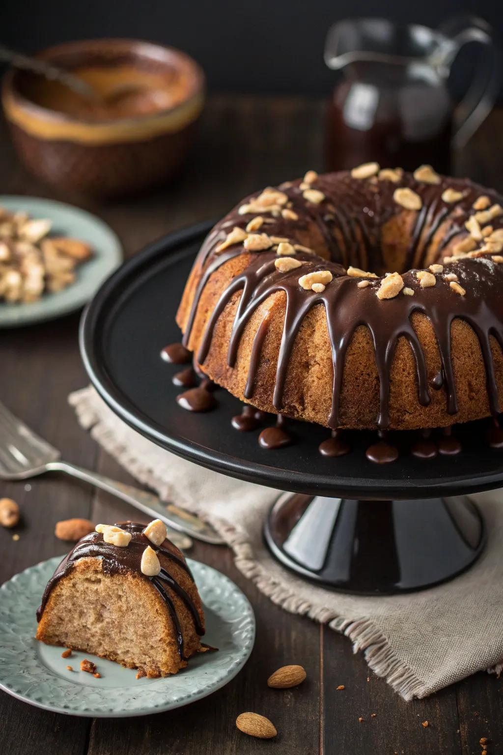 A ring cake featuring a luscious blend of chocolate and peanut butter.