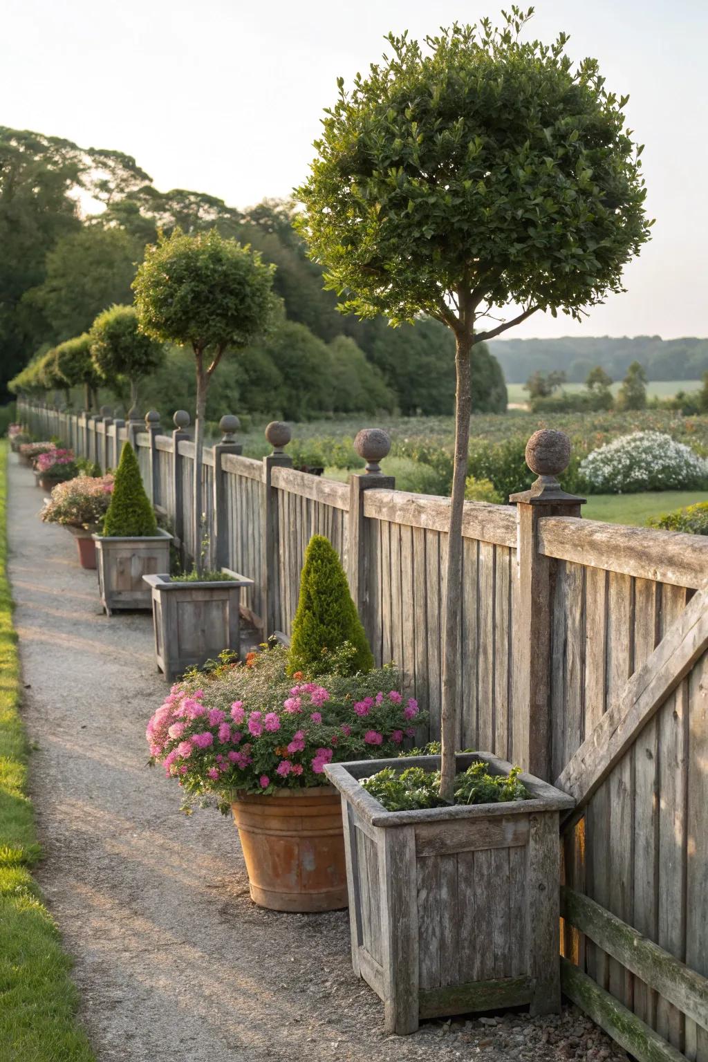 Potted flora furnishes a lavish and towering element to your fence ornamentation.