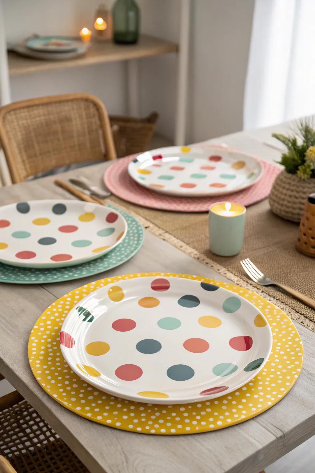 Funky patterned charger plates for a lively table presentation.