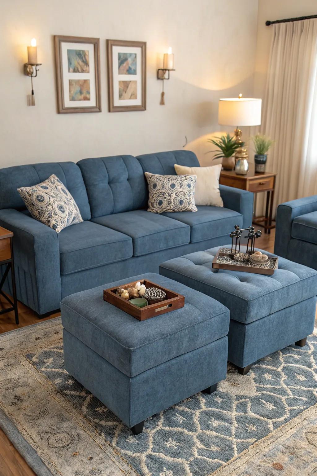 Useful furnishings enhance the aesthetic of a horizon hue couch.