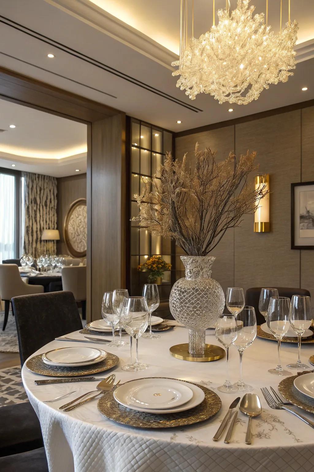 A sculptural table decoration adds interest and anchors the dining table.
