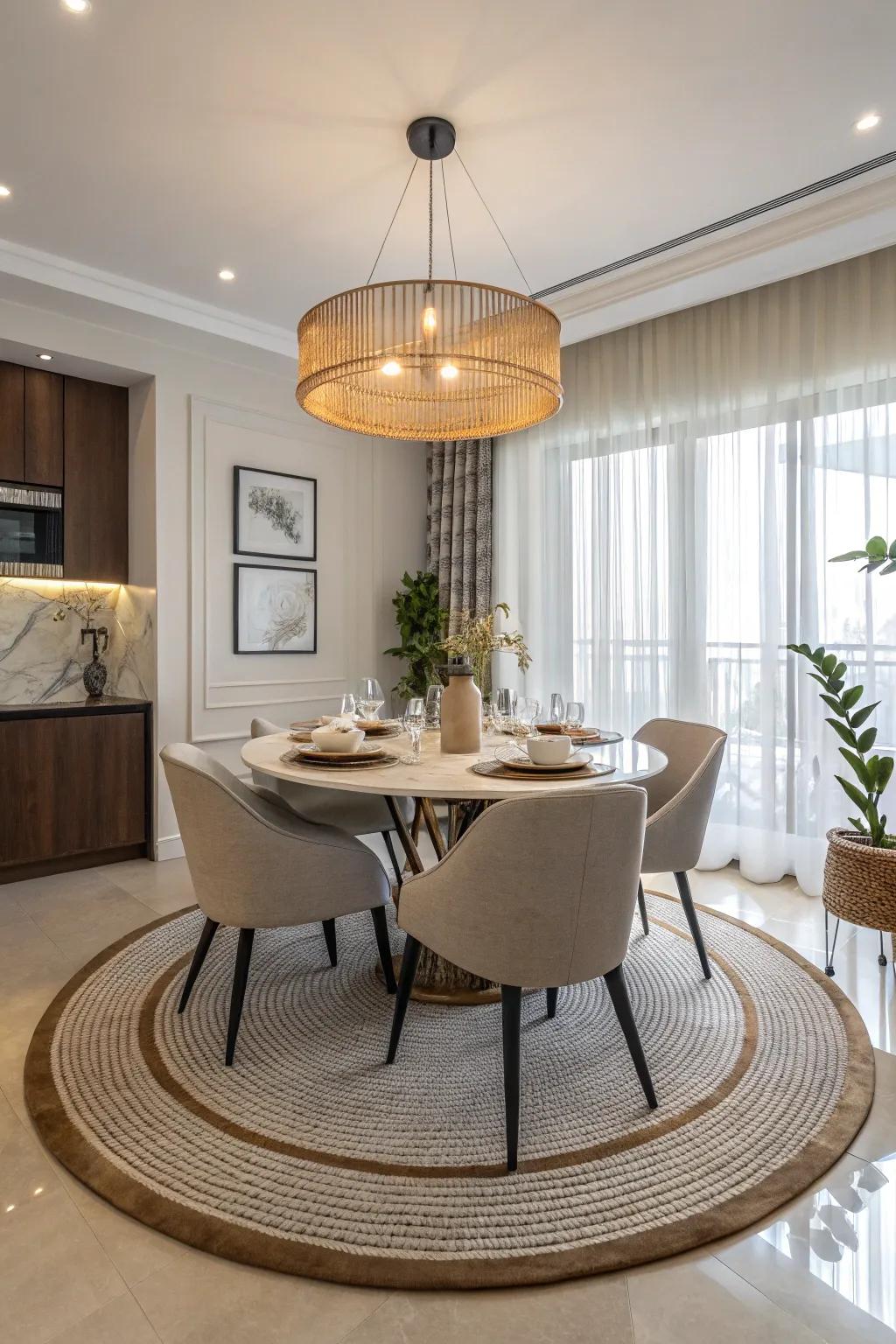 Experimenting with forms utilizing a circular rug in the eating space.