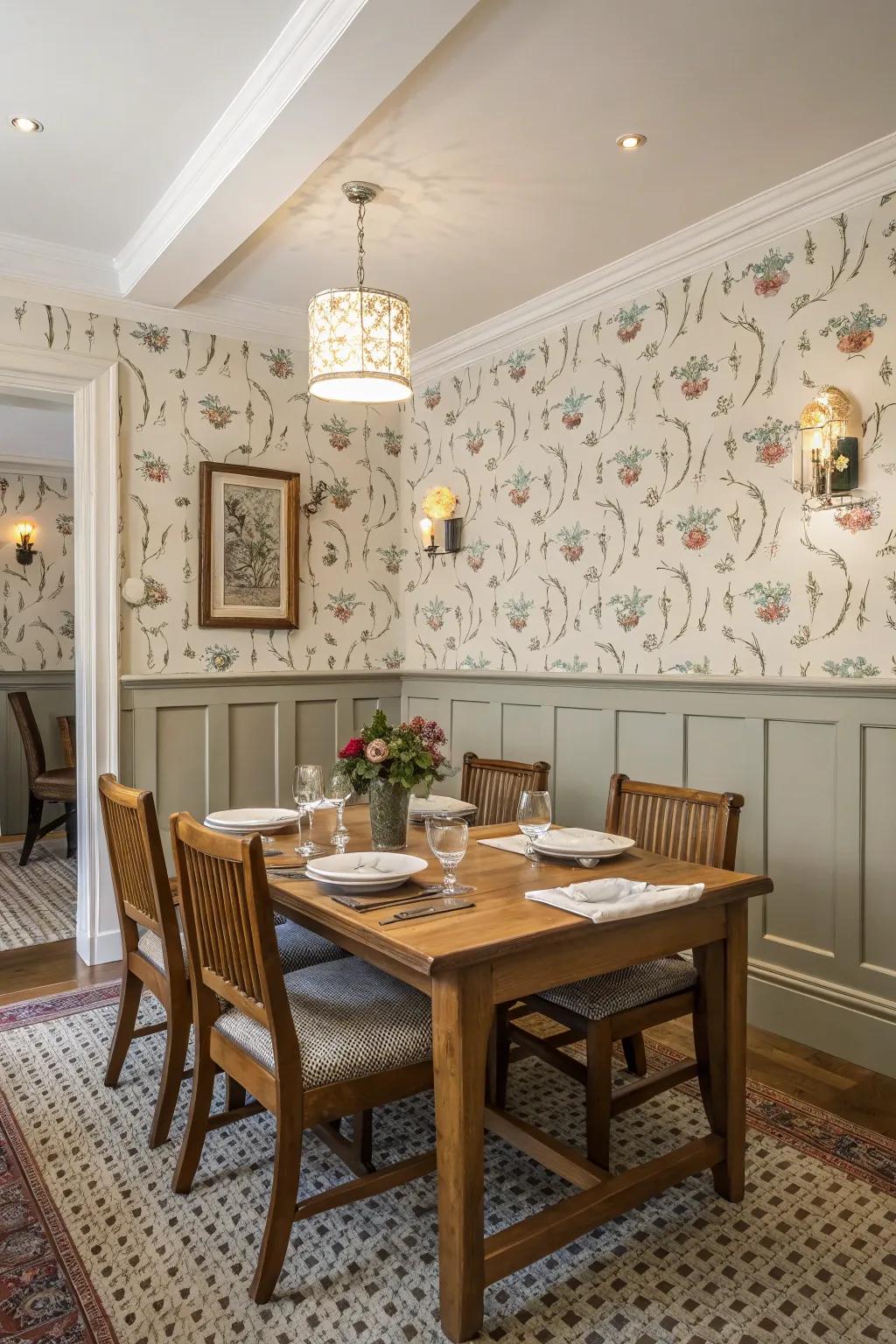 Playful wallpaper paired with wainscoting crafts a lively dining space.