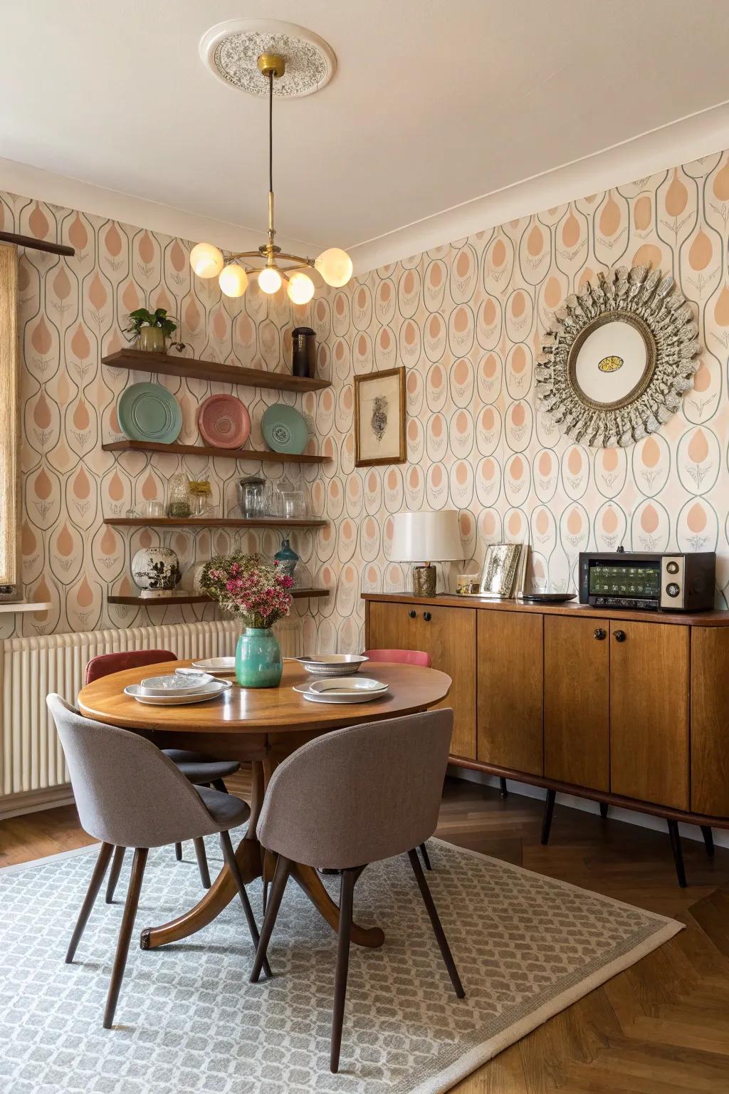 Retro wall covering and mid-century furnishings revive classic appeal in this dining space.