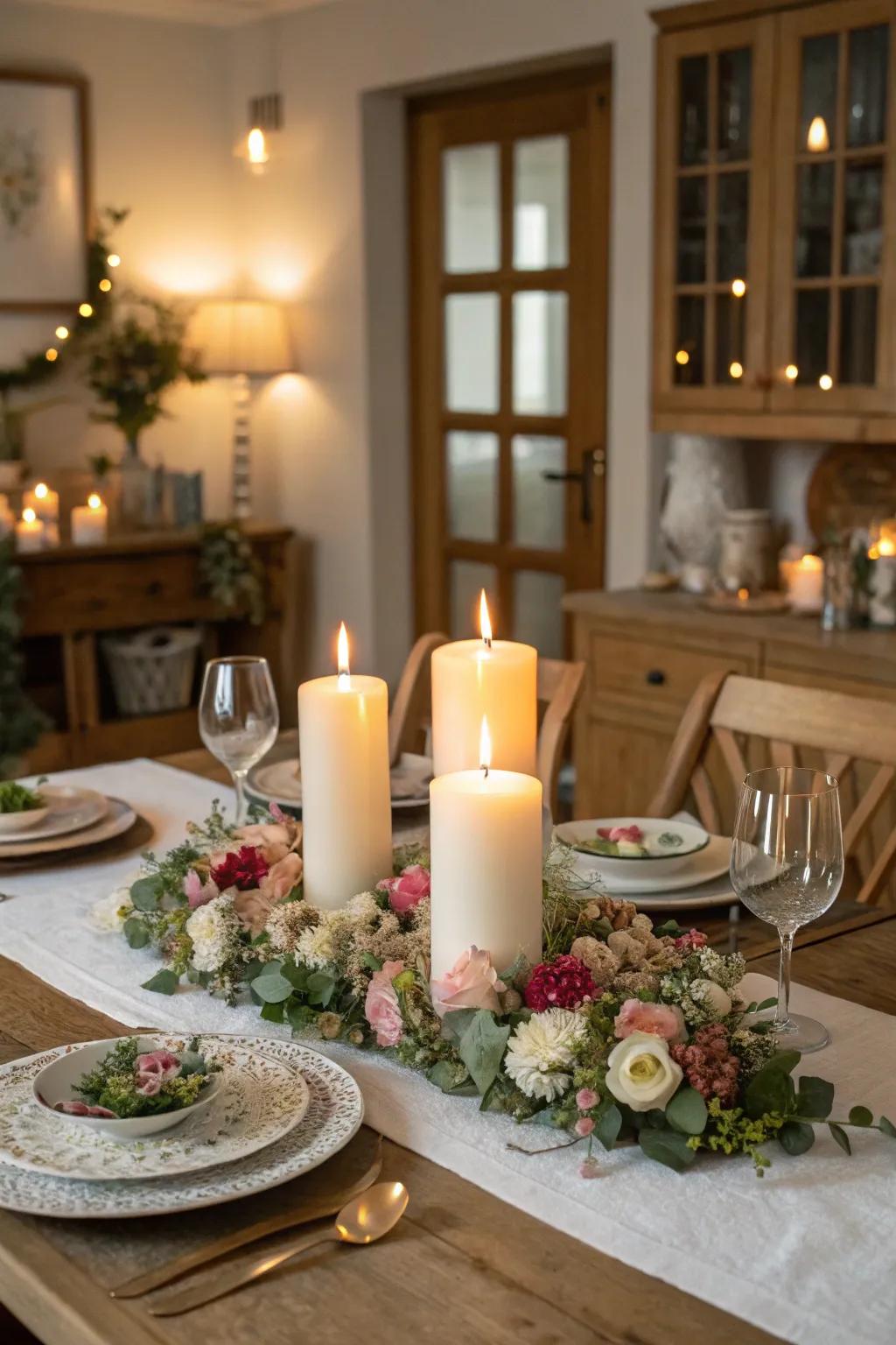 Nature's embrace: Candle rings add a floral accent.