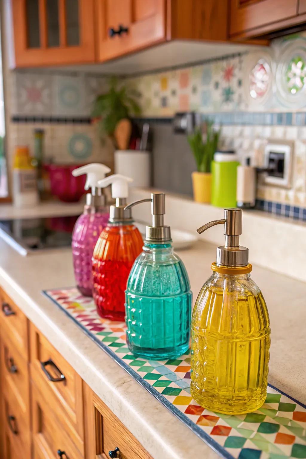 Colorful crystalline dispensers inject a playful burst of color.