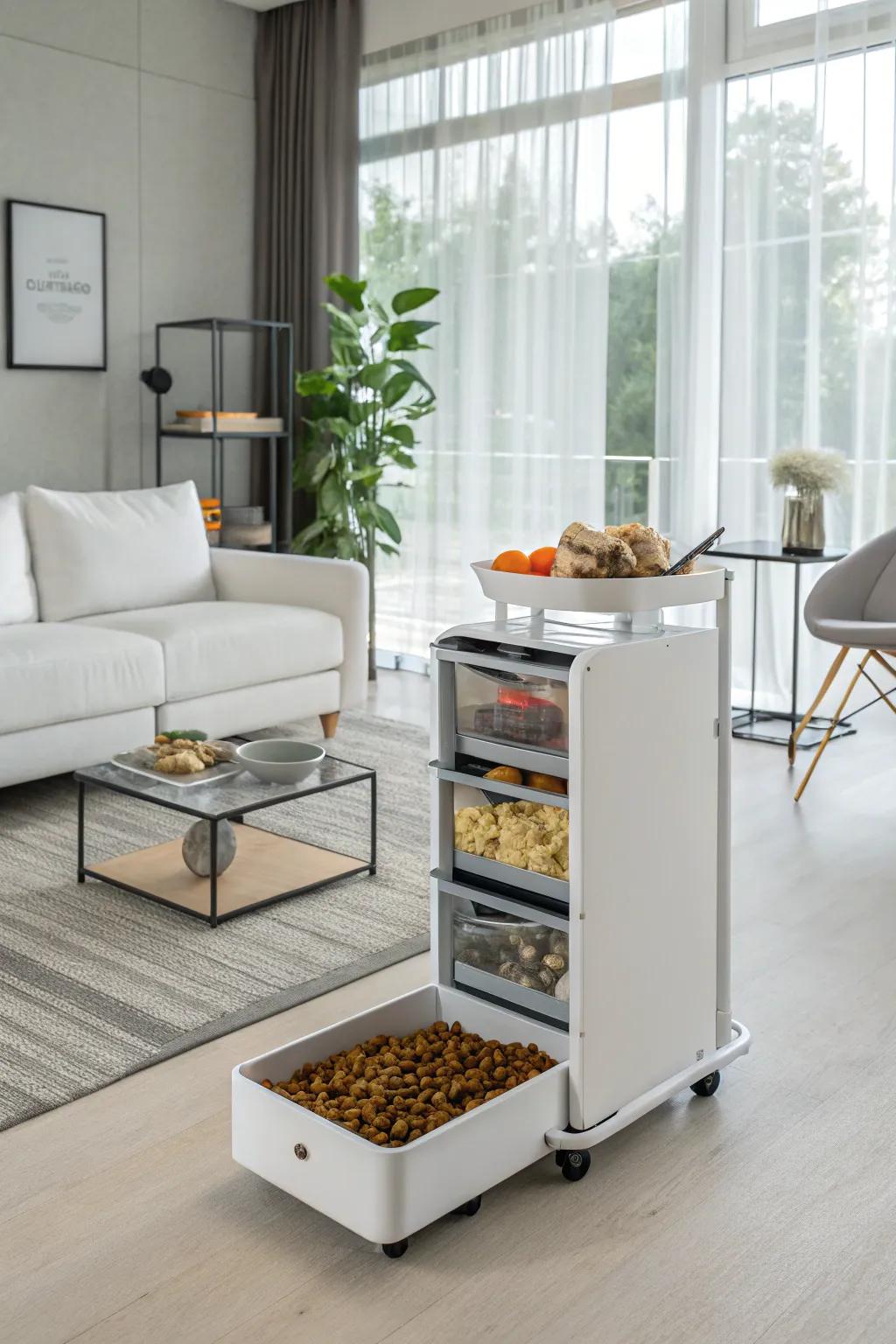 A pet food storage cart furnishes mobility and ease for feeding schedules.